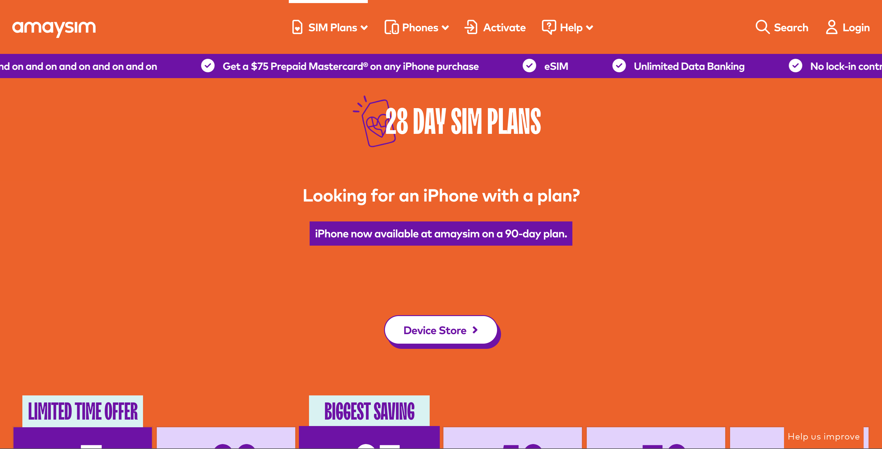 amaysim website on desktop, 28 Day SIM Plans